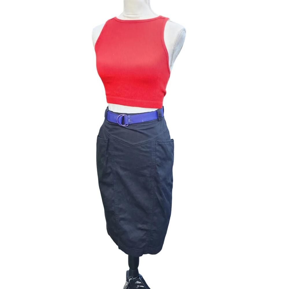 Crisca. Vintage, Black Knee Length Cotton Pencil Skirt with Pockets. Size: 6